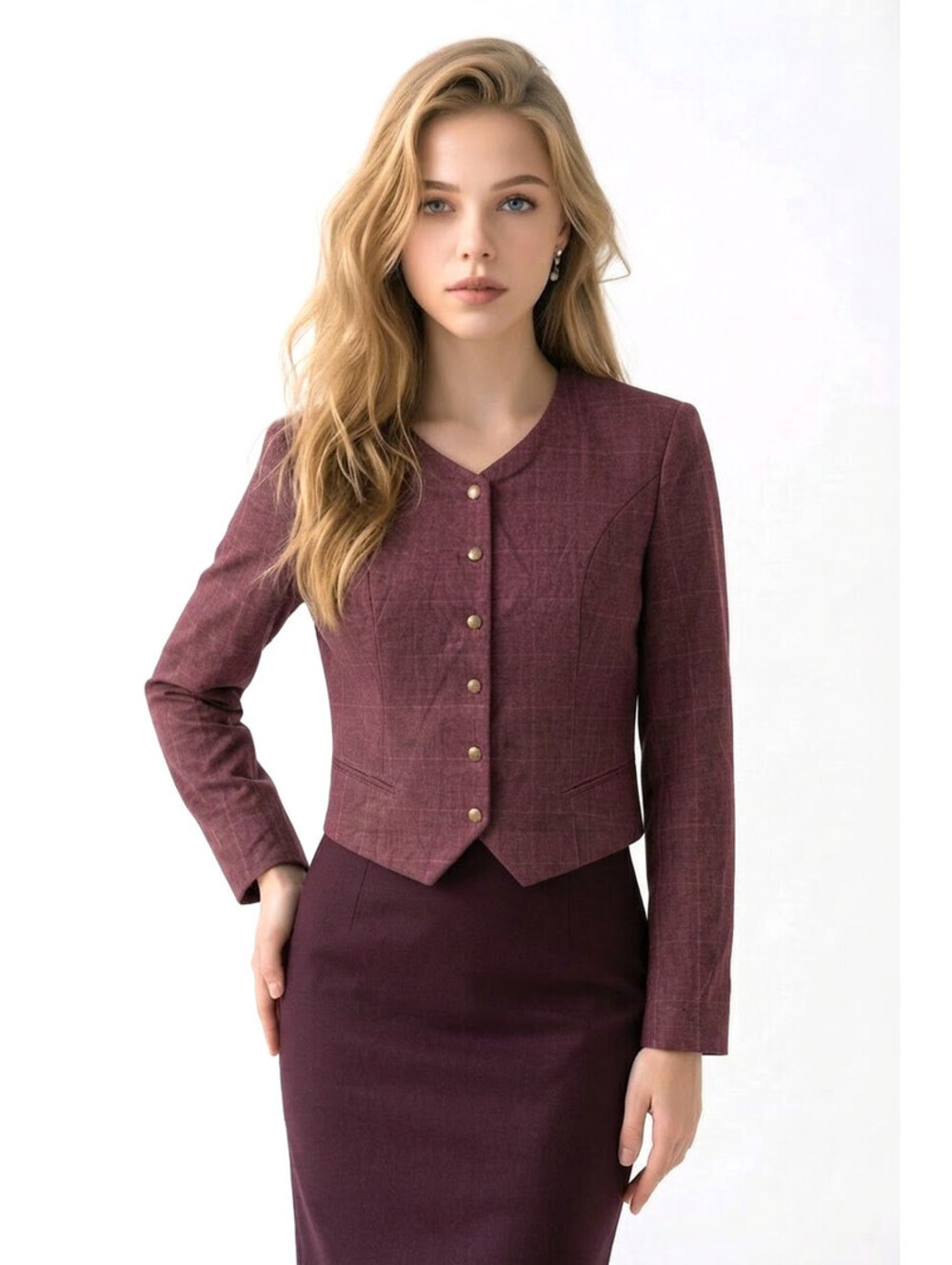 Misslook Women's Cropped Windowpane Plaid Blazer sz Large
